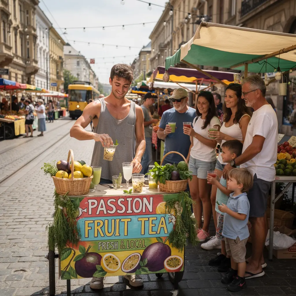 Frissítő passiógyümölcs tea, díszítve színes gyümölcsökkel.