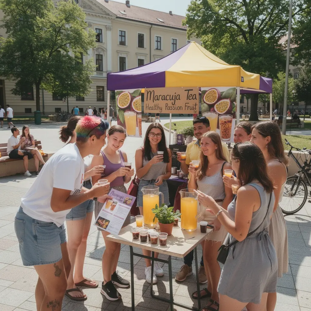 A passiógyümölcs tea tálalása jégkockákkal és citromszeletekkel díszítve.