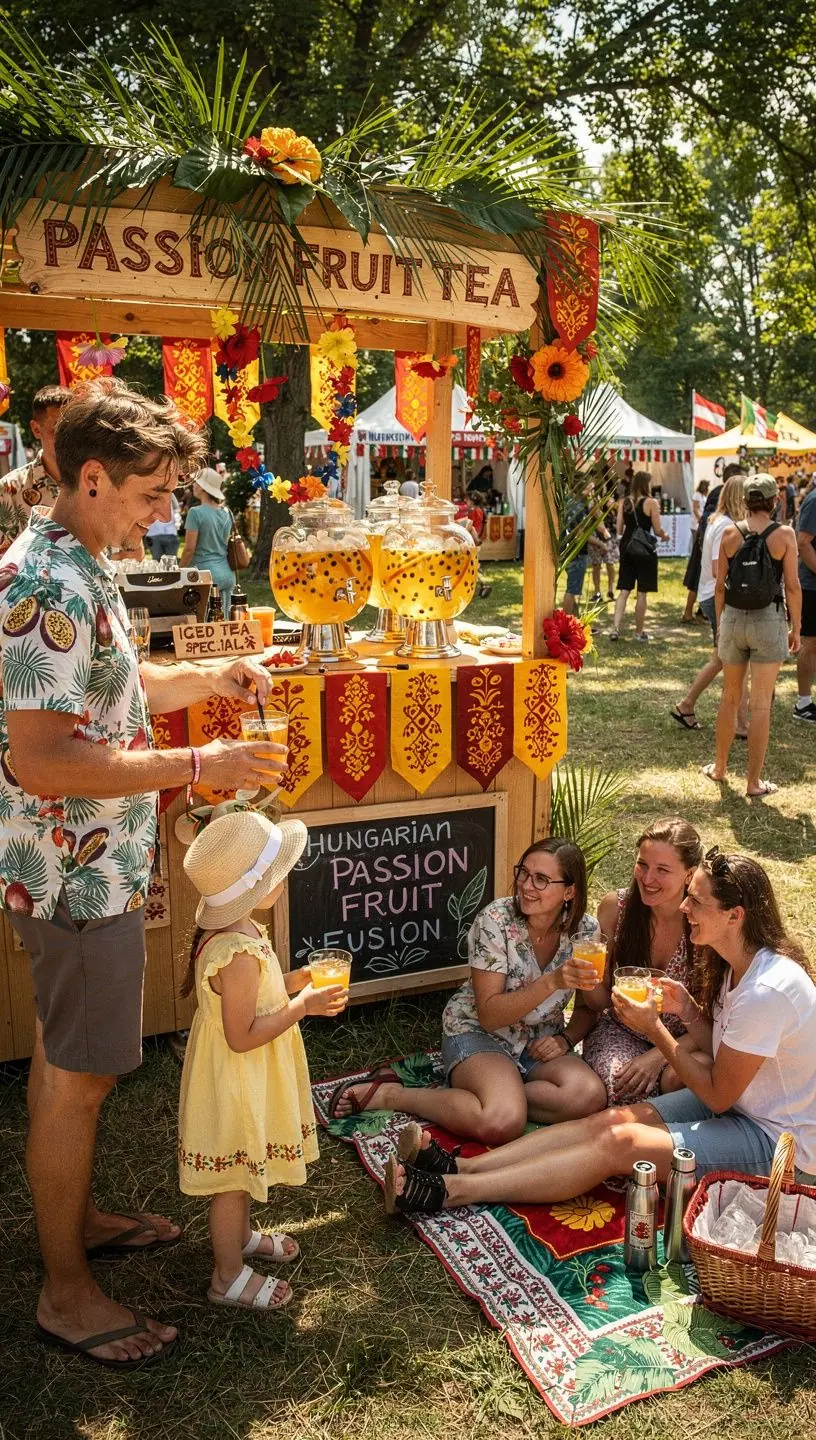 Egy csésze gőzölgő passiógyümölcs tea, mellette friss gyümölcsök.