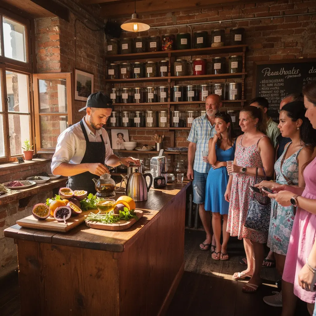 Színes gyümölcsök és fűszernövények díszítik a passiógyümölcs tea tálalását.