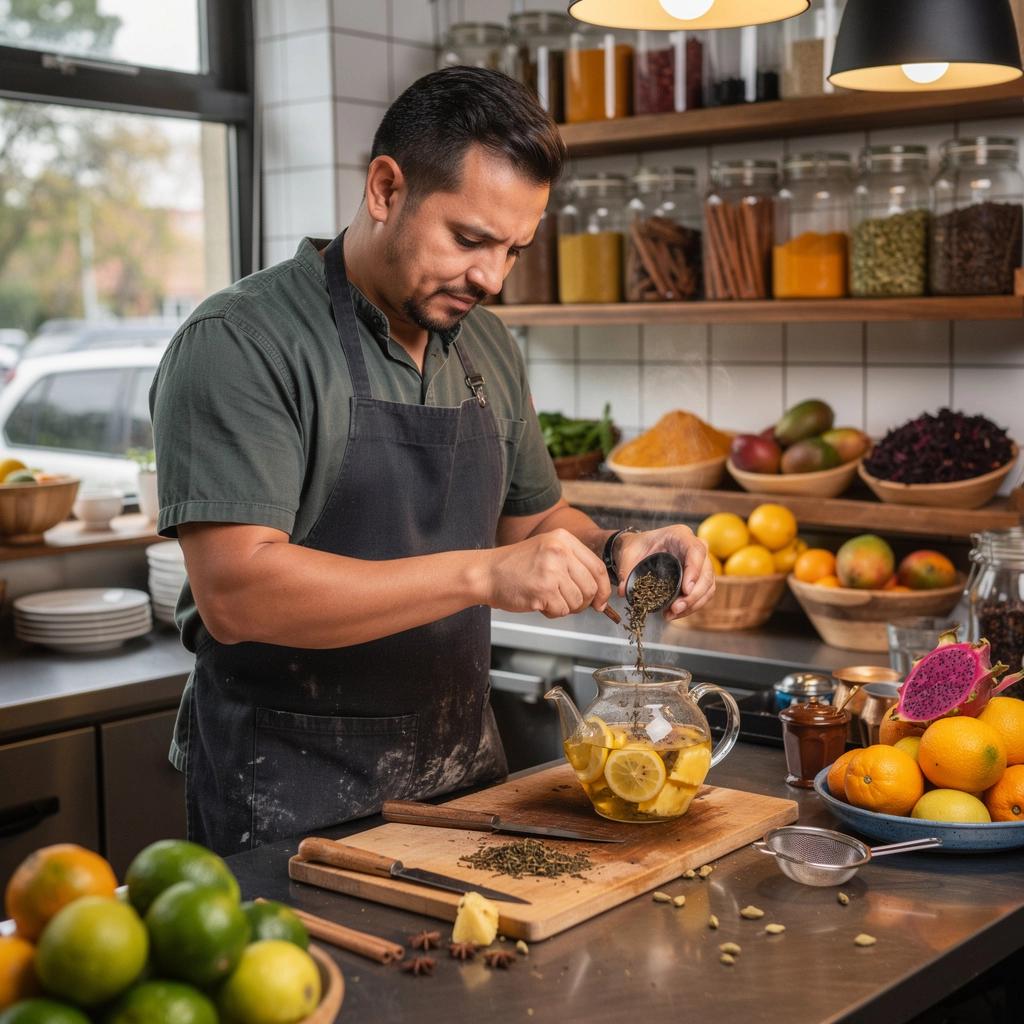 Színes trópusi gyümölcsök, amelyek a passiógyümölcs teát gazdagítják.